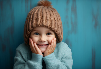 A little boy in knitted brown hat and light teal sweater smiles with his hands covered his face in light blue rusticbackground