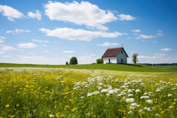 a rural chapel surrounded by a flower-filled field