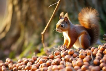 Papier Peint photo Écureuil squirrel gathering nuts for winter