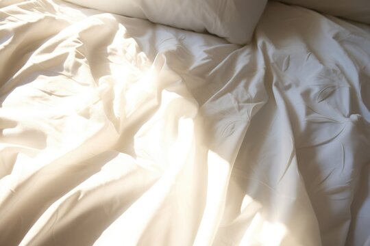 sunlight casting soft shadows on a pure white bedspread