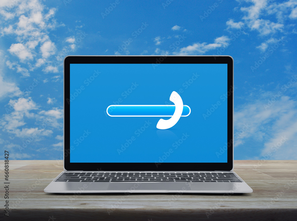 Poster phone icon with copy space for add your phone number on modern laptop computer monitor screen on woo