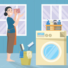 illustration of a women cleaning window and laundry machine beside