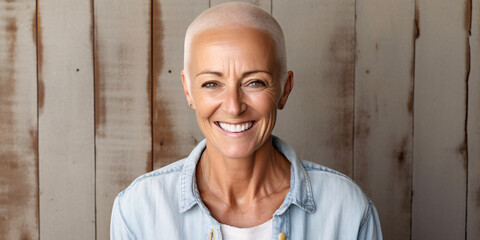 A bald senior caucasian woman with a shaved head with short hair smiling, wearing white top with blue jean jacket standing in front of wooden panel background - Powered by Adobe