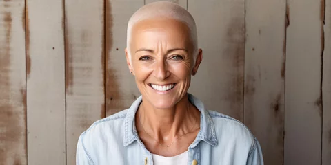 Foto op Canvas A bald senior caucasian woman with a shaved head with short hair smiling, wearing white top with blue jean jacket standing in front of wooden panel background © 1by1step