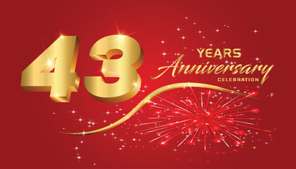 Celebrate the 43th anniversary with gold 3D letters, gold ribbons on a red background.