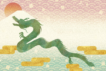 辰年の和風な年賀状素材イラスト1　龍　富士山　太陽　雲