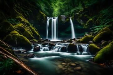 A hidden waterfall nestled in the mountains, lush,