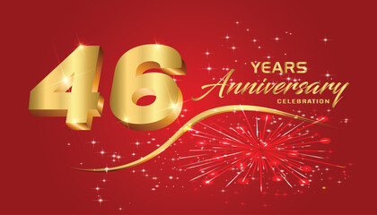 Celebrate the 46th anniversary with gold 3D letters, gold ribbons on a red background.