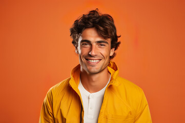 Picture of happy young male in yellow jacket - obrazy, fototapety, plakaty