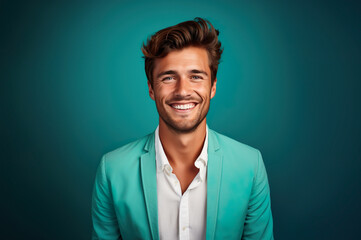 Picture of happy handsome young male in blue suit