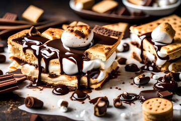 A close-up of a gooey and indulgent s'mores dessert with toasted marshmallows and melted chocolate