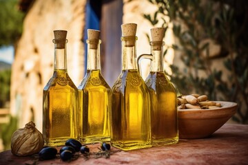 corked glass bottles of olive oil