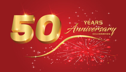 Celebrate the 50th anniversary with gold 3D letters, gold ribbons on a red background.