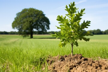 a sapling on one side and a fully grown oak tree on the other - obrazy, fototapety, plakaty