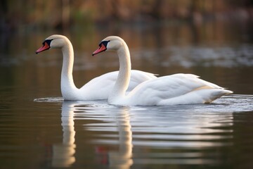 Fototapeta premium two adult swans floating together on a peaceful pond