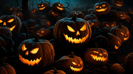 Spooky Halloween pumpkin Jack-o-lantern faces with toothy grins, at night, scary forest, glow with bright light inside from candle
