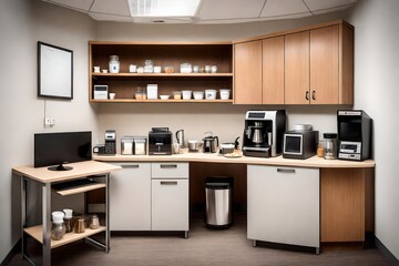 An office kitchenette with a coffee machine, microwave, and a selection of snacks.