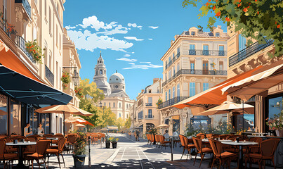 Landscape of Montpellier, France in illustration style, cannes city, presentation pictures, Illustration, Generative AI - obrazy, fototapety, plakaty