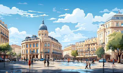 Landscape of Montpellier, France in illustration style, cannes city, presentation pictures, Illustration, Generative AI - obrazy, fototapety, plakaty