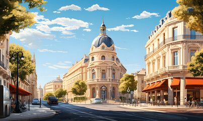 Fototapeta na wymiar Landscape of Montpellier, France in illustration style, cannes city, presentation pictures, Illustration, Generative AI
