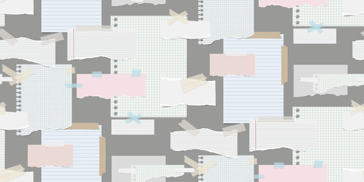 Lined whole sheet of paper and rip pieces with torn adges. Lined note. Notebook paper pieces with sticky tape stuck on gray. Seamless pattern for presentation, advertising, website, apps. Vector