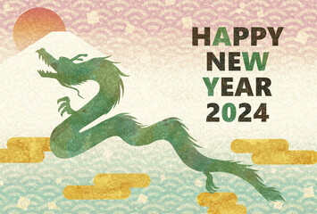 辰年の和風な年賀状テンプレート横型1（ハッピーニューイヤー）龍　富士山　太陽　雲