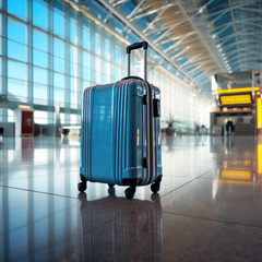 Tourist blue suitcase at floor airport on background, bright luggage waiting in departure lounge hall of airport, vacation trip concept