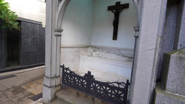 Tomb in the Recoleta Cemetery during a sunny day in Buenos Aires.