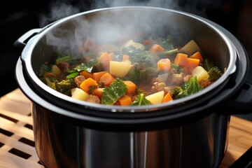 an instant pot of savory vegetable stew, steam rising