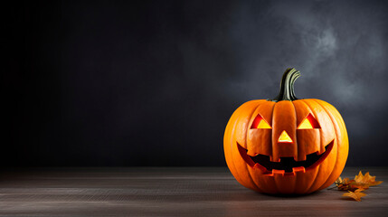 Traditional celebrate halloween pumpkin head jack-o-lantern with scary evil face on dark background, copy space