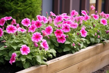 wooden raised flower bed filled with pink petunias