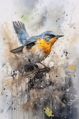 Song bird and colorful paint drips and smudges. Fine art illustration. Generative art