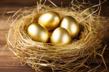 Fototapeta na wymiar golden eggs in a nest to resemble nest egg savings