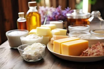 Poster variety of soap ingredients on table © altitudevisual
