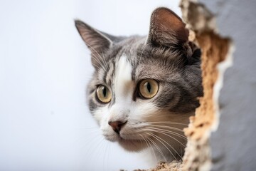 Obraz premium a cat focusing on a rodent hole in a wall