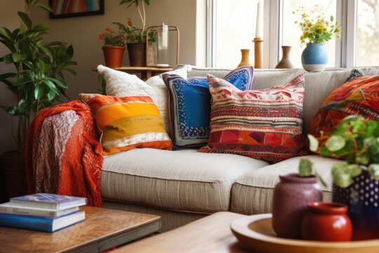 bohemian style living room with patterned throw pillows