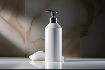 Fototapeta na wymiar Mockup of elegant lotion pump bottle on the minimalist studio background