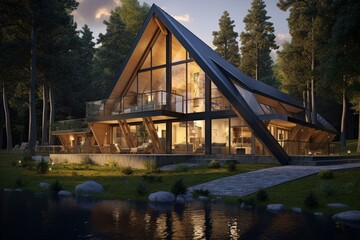 3D rendering of contemporary comfortable house with a chalet design. Generative AI