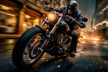 Biker on the black chopper at the street in the night. Blurred motion. Photorealistic illustration generated by Ai