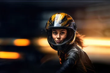 Foto op Plexiglas Gorgeous woman biker portrait, city lights blurred in motion on background © Cheport
