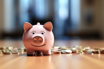 piggy bank with a blurred pile of coins behind it