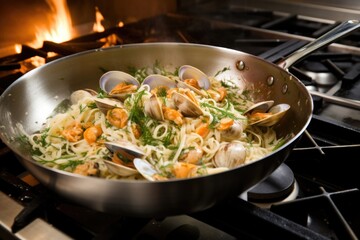 process of preparing clam pasta on a stove