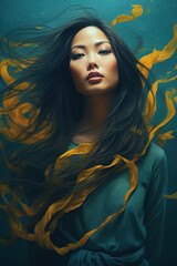 Gorgeous asian woman with long flowing hairs. Stunning portrait generated by Ai	
