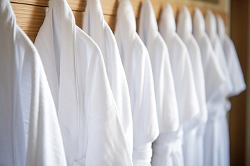 a row of white terry cloth robes hung neatly