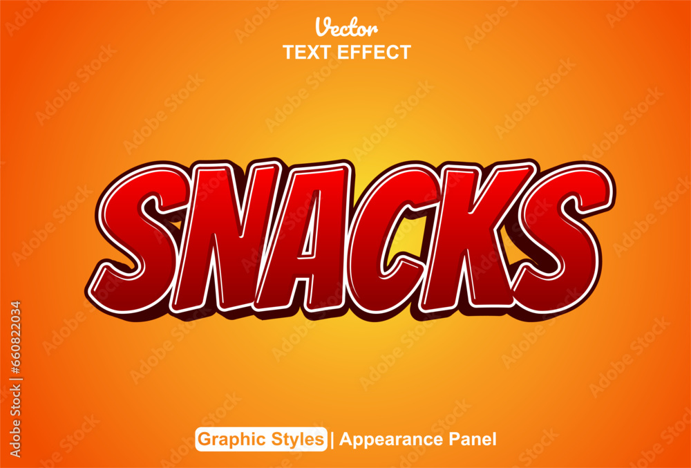 Poster snacks text effect with red graphic style and editable.