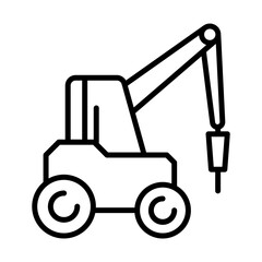Hammer excavator construction machinery with black outline style. excavator, heavy, equipment, industrial, machine, construction, industry. Vector illustration