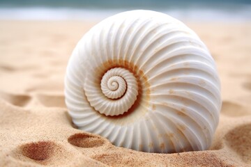 detail of a spiraled seashell on beach sand