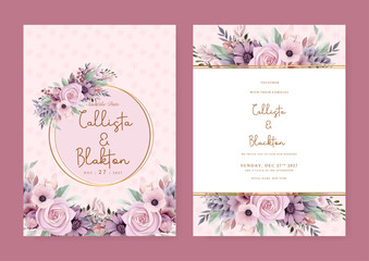 Pink and purple violet rose and poppy luxury wedding invitation with golden line art flower and botanical leaves, shapes, watercolor