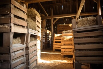 wooden crates stacked in a barn