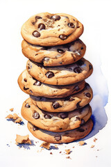 A pile of cookies with a chocolate chips, watercolor illustration isolated on white background